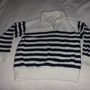 blue and white striped v-neck zip up crewneck